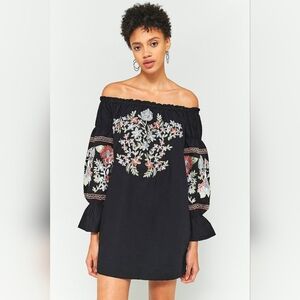 Free People Fleur Du Jour Off-The-Shoulder Black Floral Embroidered Dress